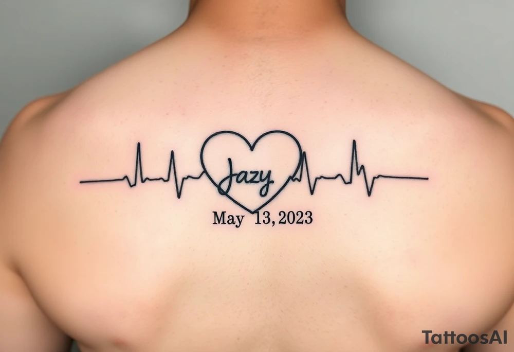 faded heart beat outline for a deceased best friend with the name Jazy and the date May 24, 2023 incorporated tattoo idea