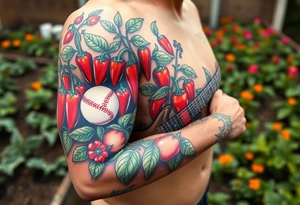Super hot pepper plants, hot sauce, baseball, acoustic guitar, trumpet, with a gardening background tattoo idea