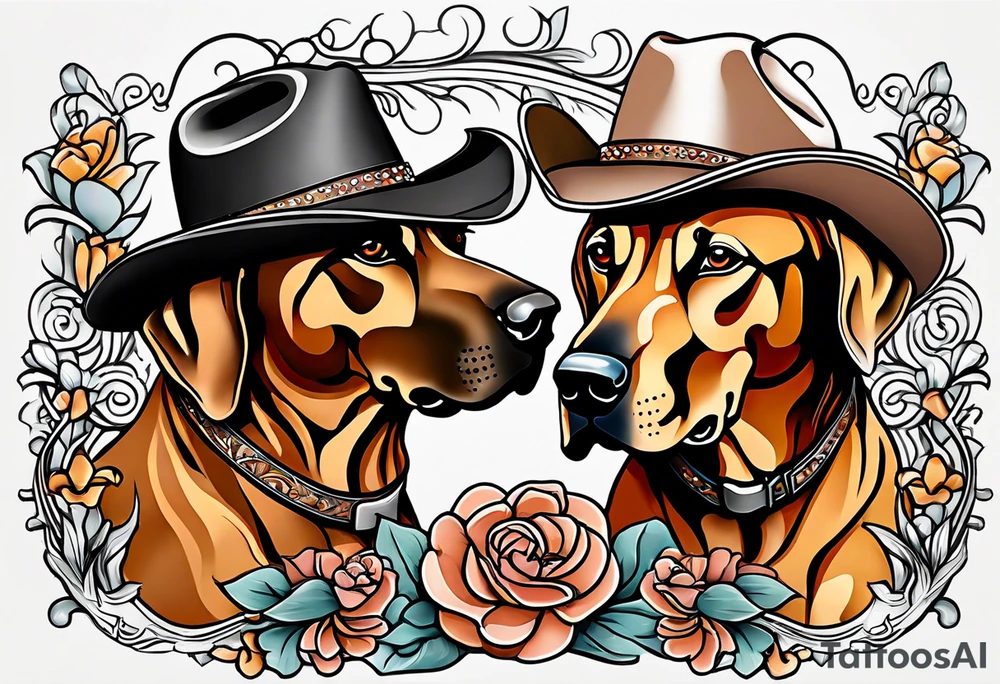 Two Rhodesian ridgebacks wearing a cowboy hat with flowers in the background tattoo idea