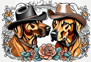Two Rhodesian ridgebacks wearing a cowboy hat with flowers in the background tattoo idea