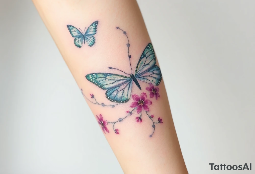 ethereal butterflies with flowing silk ribbons with vines of flowers tattoo idea
