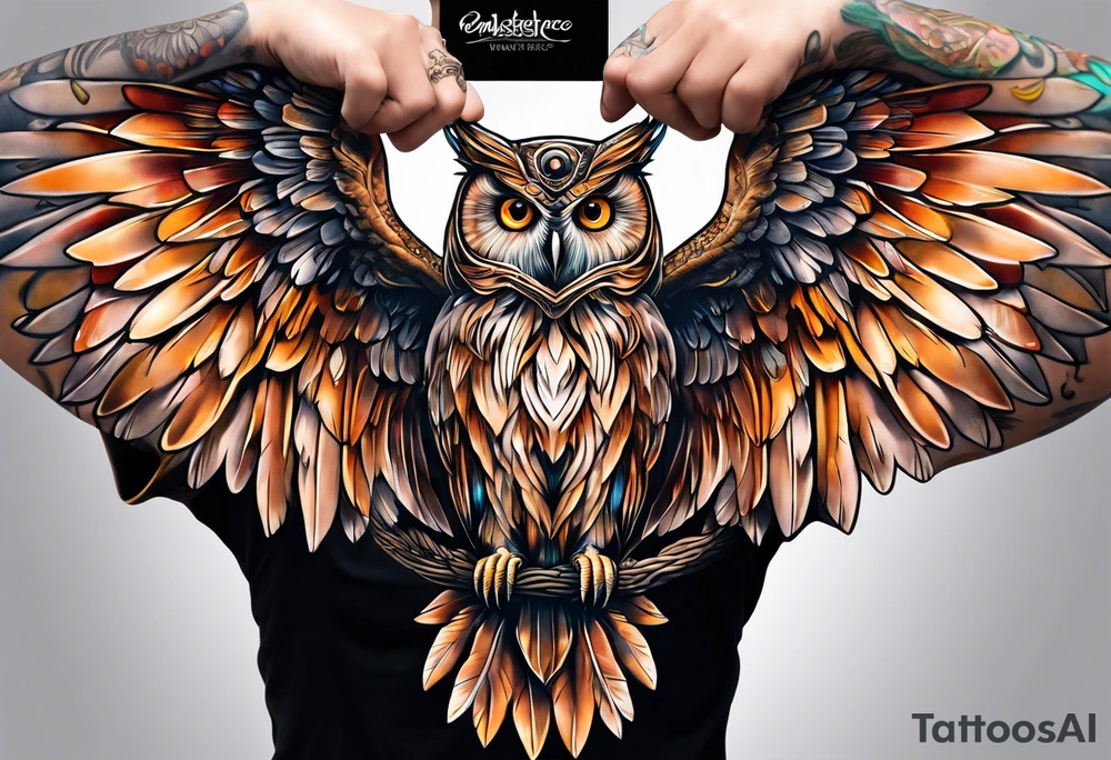 Sleeve with an owl with angel wings tattoo idea