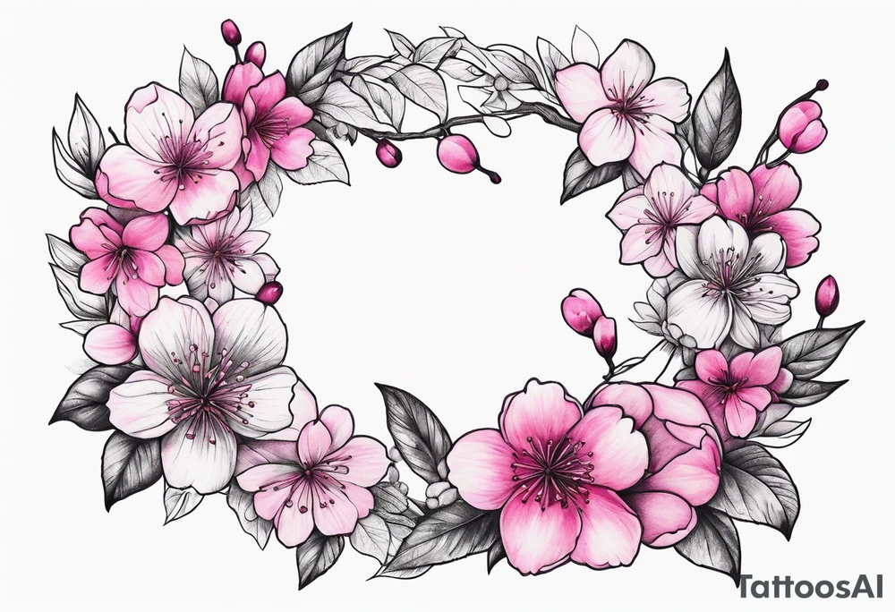 Flower wreath cherry blossoms pinks and purples tattoo idea