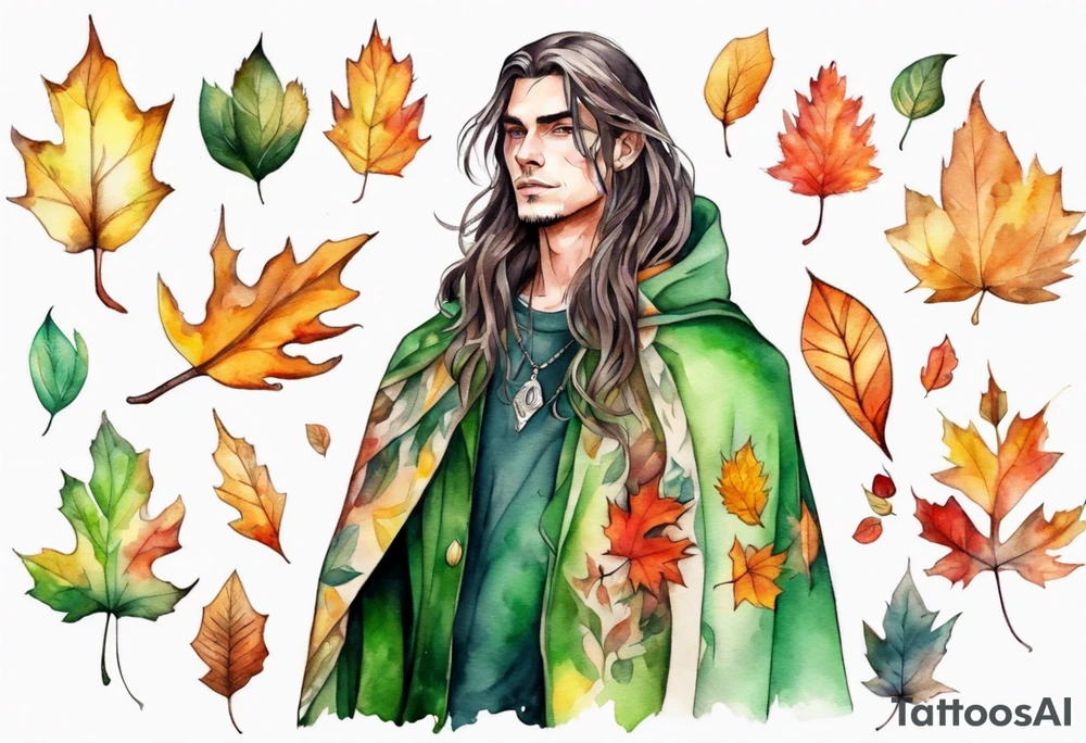 A young handsome man with green skin and long hair wearing a colorful cloak surrounded by autumn leaves tattoo idea