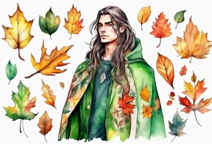 A young handsome man with green skin and long hair wearing a colorful cloak surrounded by autumn leaves tattoo idea