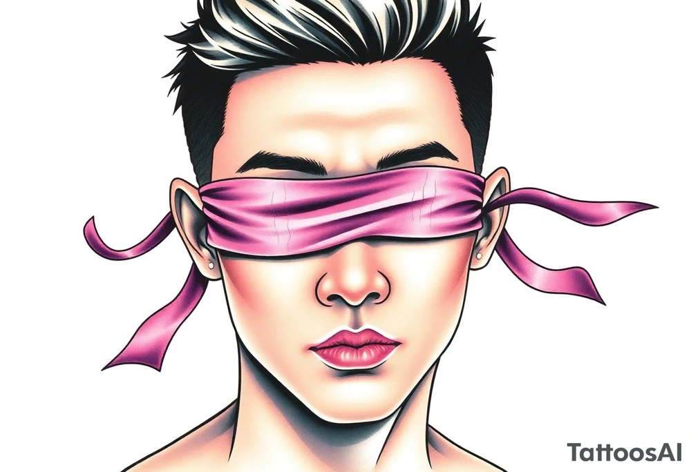 Handsome Asian young guy with 
 eyes covered with a ribbon touching it tattoo idea