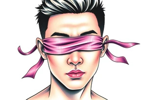 Handsome Asian young guy with 
 eyes covered with a ribbon touching it tattoo idea