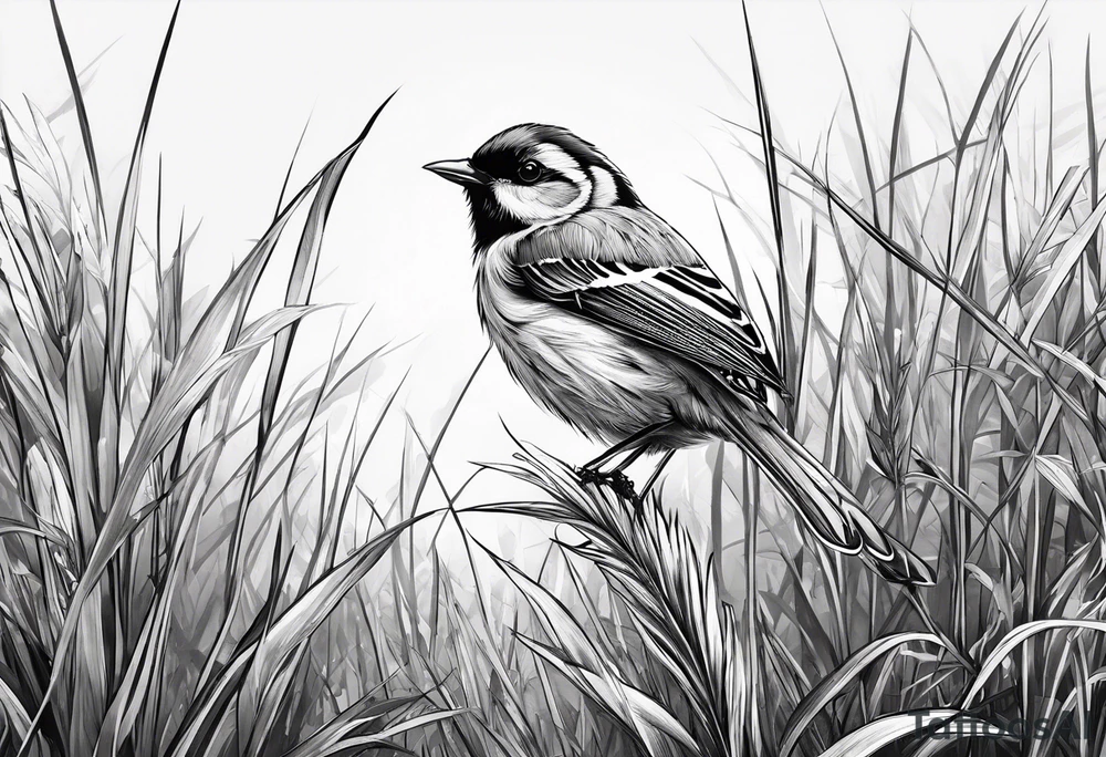 little bird perched on tall grass tattoo idea