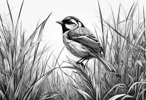 little bird perched on tall grass tattoo idea