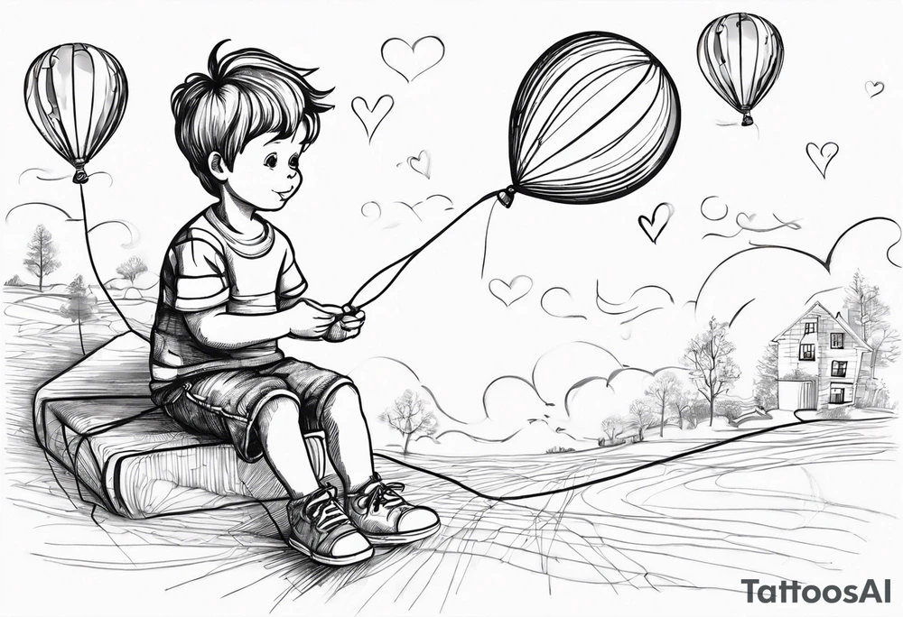 tatoo in sketch style only.
A little boy is holding a string to the hearth shaped small party baloon.
boy should be drawed from behind and has one hand reaching up in 45 degree angle and holding the baloon string
On the string is a wave which look like a hearbeat pulse.
draw it without any scenery, without any background. Just a boy 
Add heartbeat pulse on the string tattoo idea
