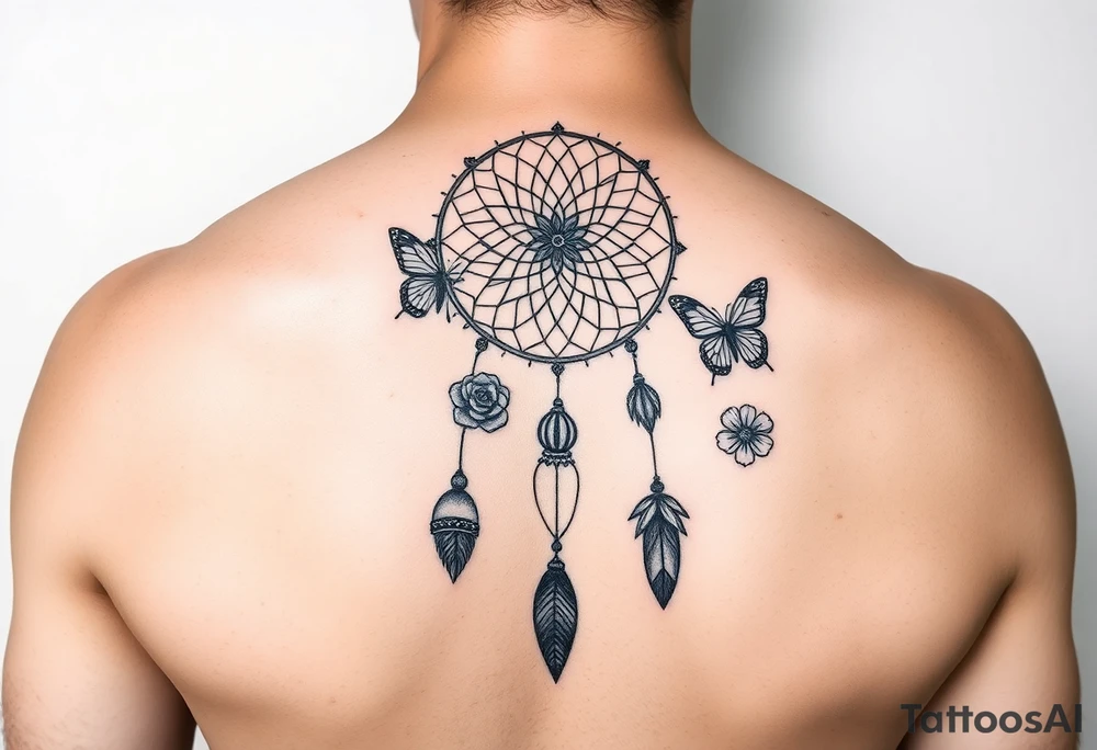Small Simple dream catcher with butterflies and flowers tattoo idea