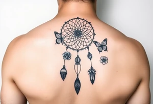 Small Simple dream catcher with butterflies and flowers tattoo idea