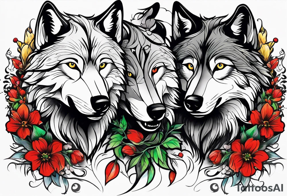 Two wolves face each other.  One wolf snarls, surrounded by thorns, the other has a serene expression, surrounded by colorful wildflowers.  Bold outlines, limited palette: red, yellow, green, black. tattoo idea