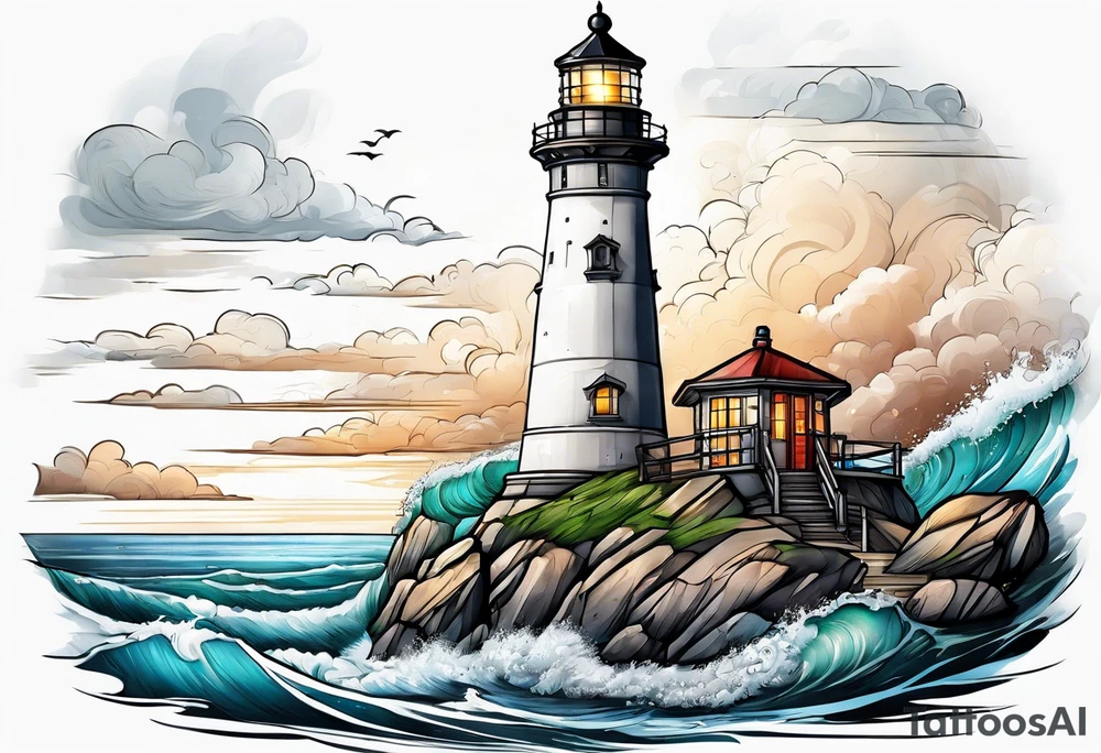 lighthouse at the ocean, a bit realistic  framed tattoo idea