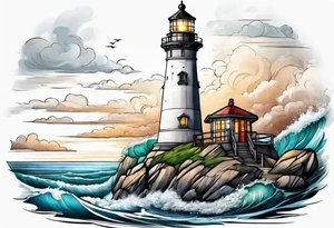 lighthouse at the ocean, a bit realistic  framed tattoo idea
