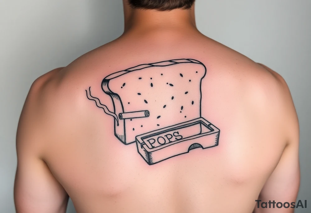 A loaf of bread smoking a cigarette with a ashtray  and pops written tattoo idea