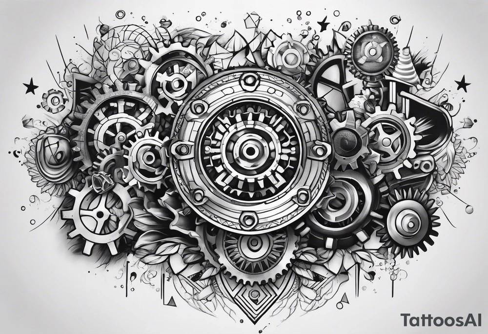 Nuts and bolts and gears and cogs on thigh tattoo idea