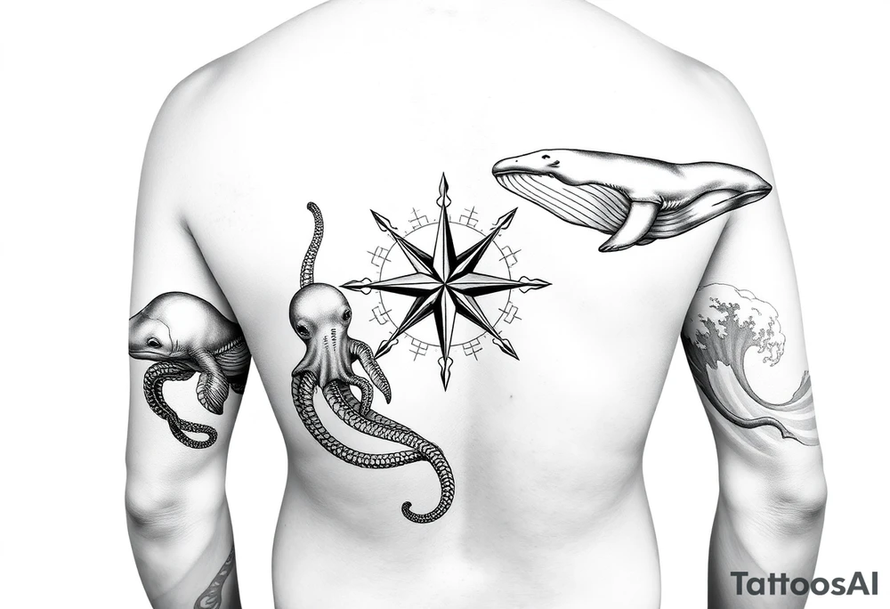 black and grey realist tattoo arm sleeve consisting of Compass Rose Placement: Centered on the inner forearm as a focal point.
Loggerhead Turtles: Swimming along the forearm, possibly near the wrist or upper arm.
Octopus: Wrapping its tentacles around the design, creating movement.
Whales: A large whale gliding through the upper forearm or bicep area.
Waves: Flowing throughout, acting as the background to tie everything together. tattoo idea