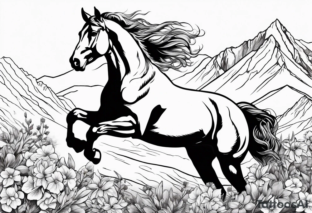 bucking horse, mountains background, flowers, western tattoo idea