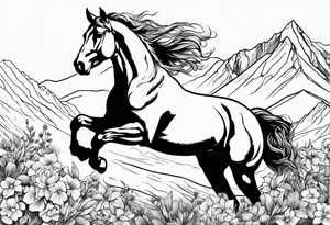 bucking horse, mountains background, flowers, western tattoo idea