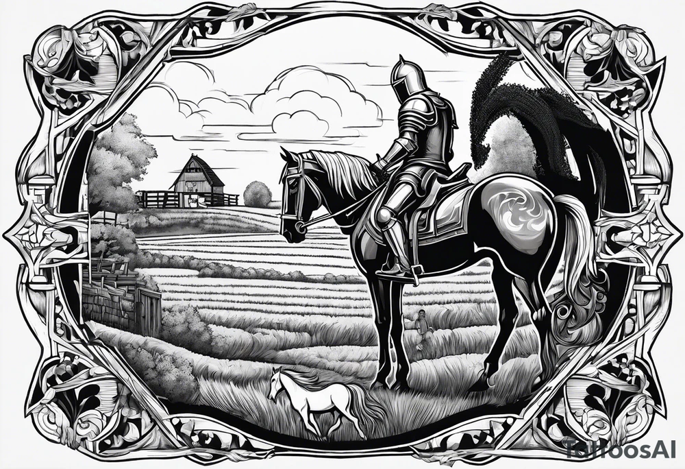 a knight kneeling with an old farm in the background and horses in the netherlands and a swimmingpool and an airfryer tattoo idea