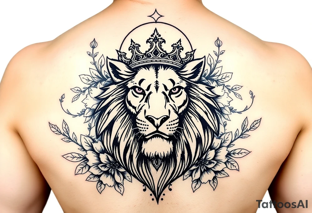 powerful majestic lion with a crown, surrounded by floral ornaments and moon tattoo idea
