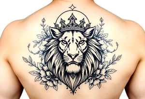 powerful majestic lion with a crown, surrounded by floral ornaments and moon tattoo idea