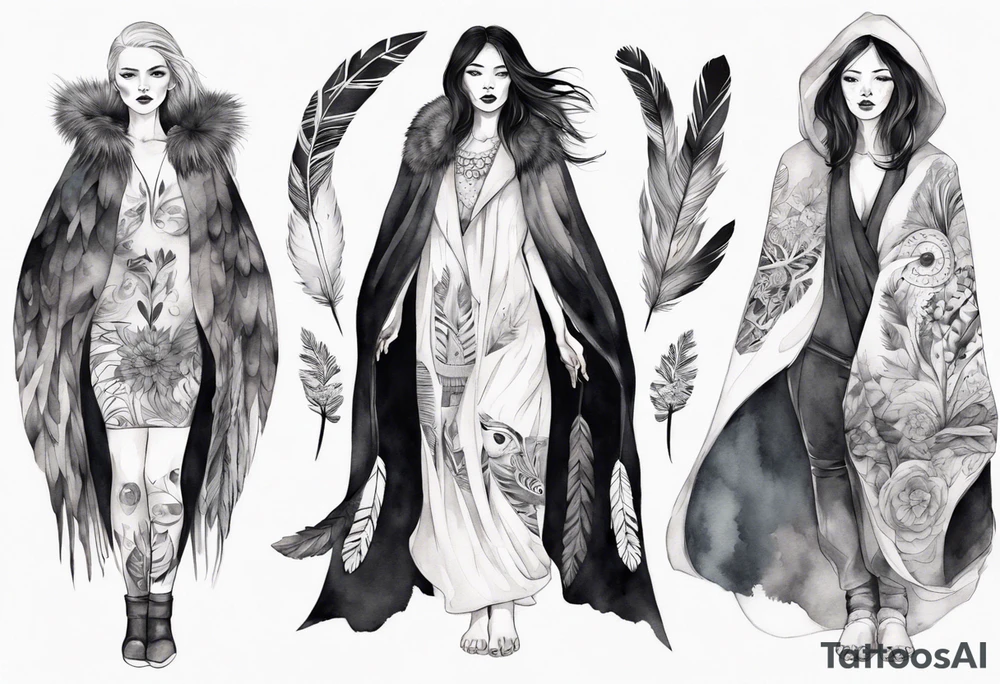 a beautiful Scandinavian woman with a feathered cloak tattoo idea