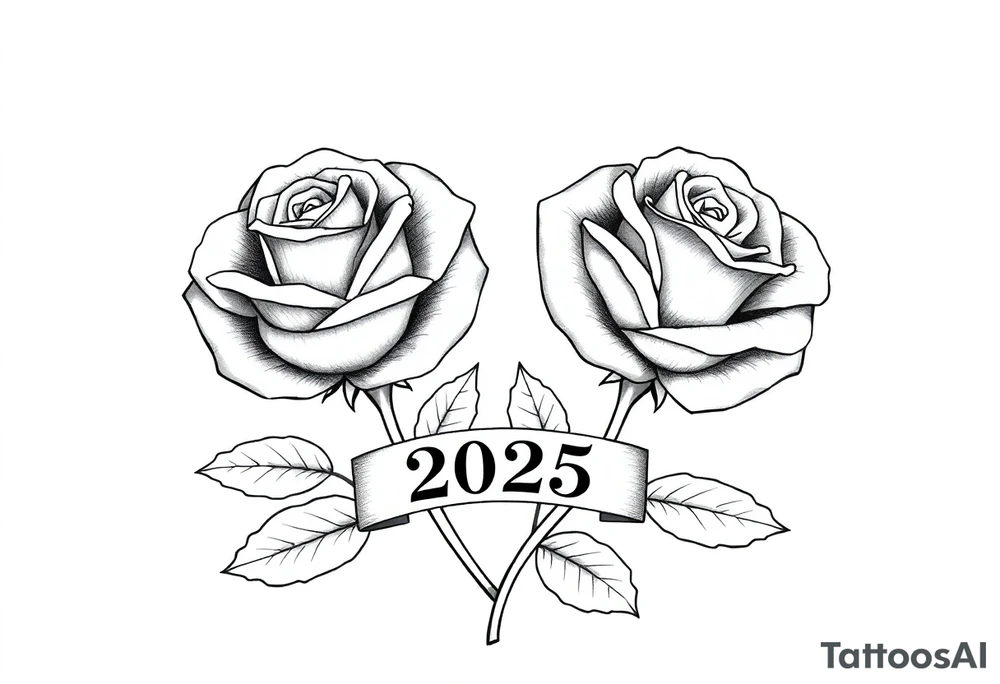 two beautiful large rose buds, one larger than the other, with lots and lots of leaves next to the rose buds, with one sitting slightly higher than the other, side-by-side.  Include a banner connecting the two roses with the year 2025 on it.   Use dark outlines with little shading. No stems tattoo idea