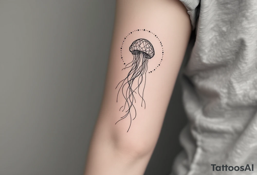 minimal fine-line tattoo, single jellyfish, sacred geometry surround, dotwork patterns, jellyfish bell dome, flowing tentacles, trailing streamers, geometric mandala, radiating dotwork, minimalist design, black grey lines, soft shading, no outlines, geometric frame, organic jellyfish form, upper arm shoulder placement, light airy feel, delicate linework, geometric backdrop, clean lines, radiating patterns, simple jellyfish centerpiece, minimalist tattoo idea