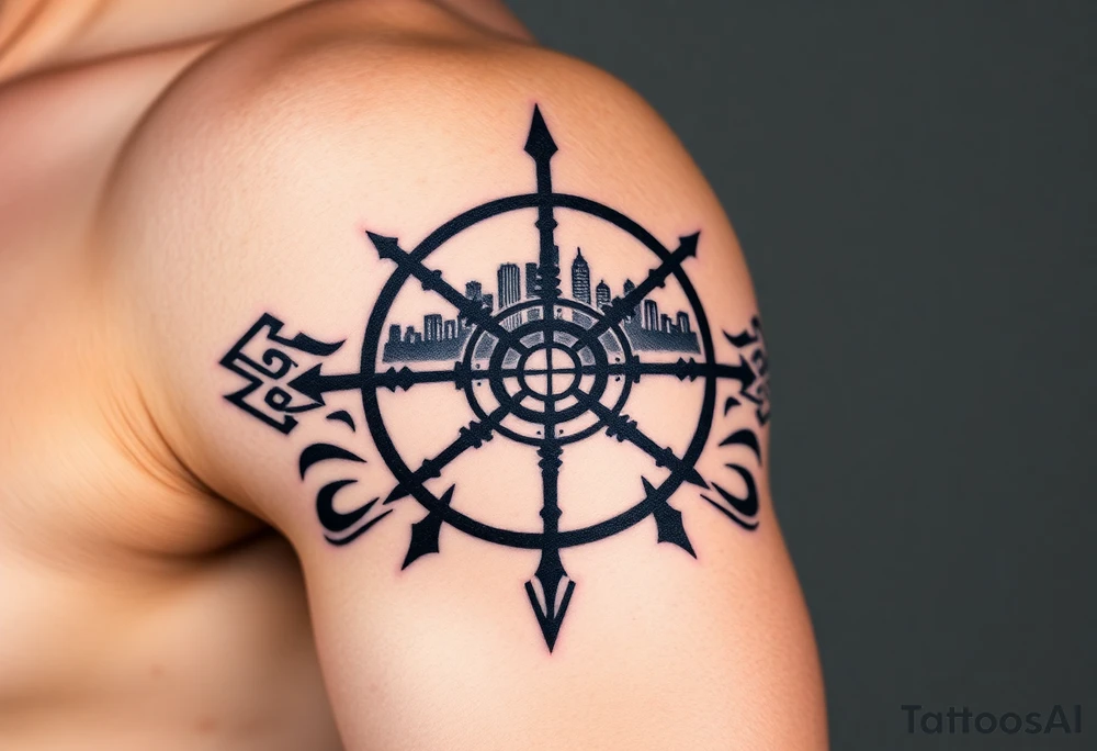 scope crosshairs with eerie Los Angeles city horizon in background tattoo idea