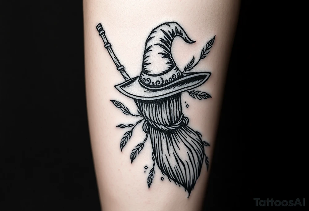 Which is broom with a witches hat with vines and feathers on your leg tattoo idea