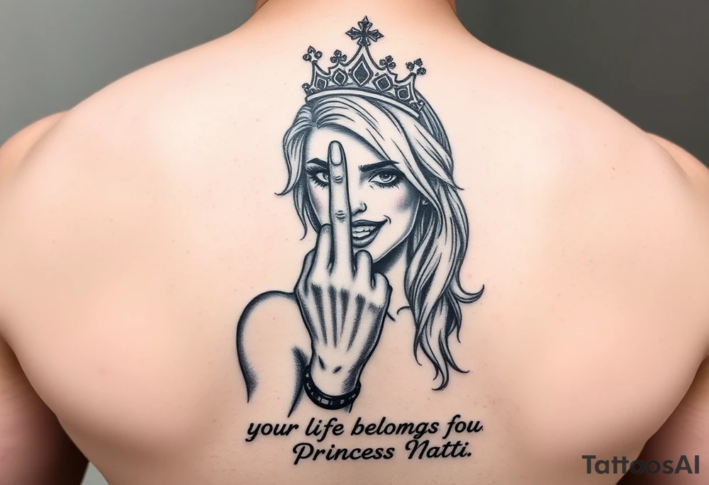 powerful blond findomme princess with crown on, holding up her middle finger laughing at you for being pathetic with caption “your life belongs to Princess Natti” tattoo idea