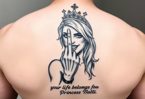 powerful blond findomme princess with crown on, holding up her middle finger laughing at you for being pathetic with caption “your life belongs to Princess Natti” tattoo idea