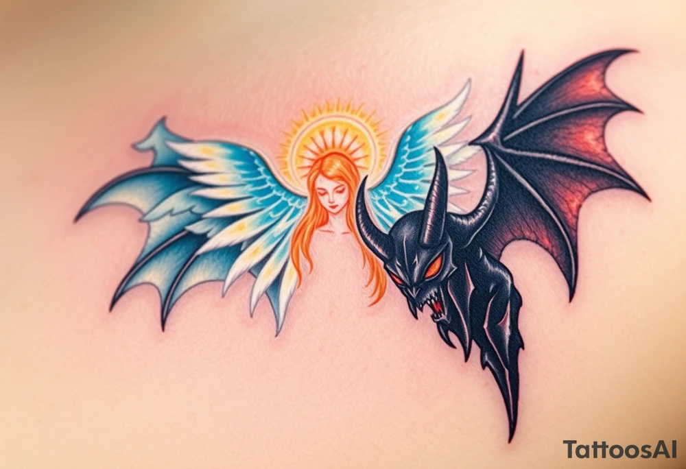 A radiant angel, with soft white wings and a glowing halo, surrounded by light, juxtaposed against a dark demon, with jagged black wings and fiery red eyes, symbolizing the ultimate conflict between good and evil. tattoo idea