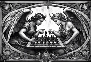 Depict an angel and demon playing chess on a board that morphs from celestial clouds to fiery inferno, representing the merging of the spiritual realms in the eternal game. tattoo idea