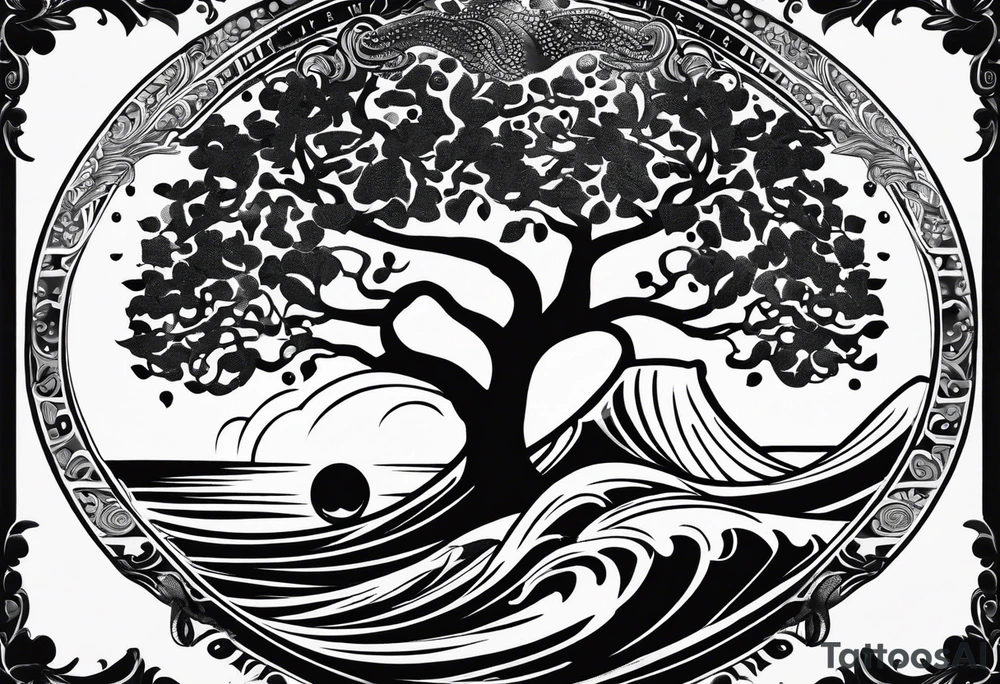 an abstract Tree of life tattoo design. Black and white. It should have roots growing out of the bottom. The roots slowly transform into water waves from the great wave by Hokusai. A golf ball should be placed discreetly. Like in the place of a moon. 2 license plate tags should be hanging from the tree. Place a few music notes. The letters A U should be engraved into the tree trunk in a heart tattoo idea