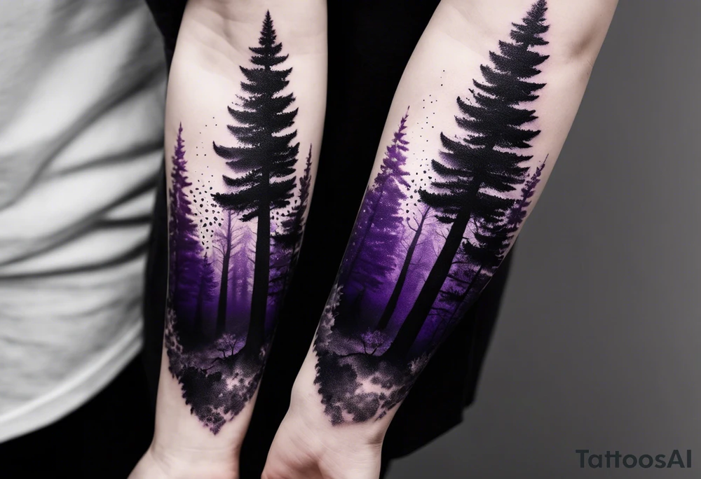 forest, purple and black, on forearm, fully covered, no borders, blackwork tattoo idea