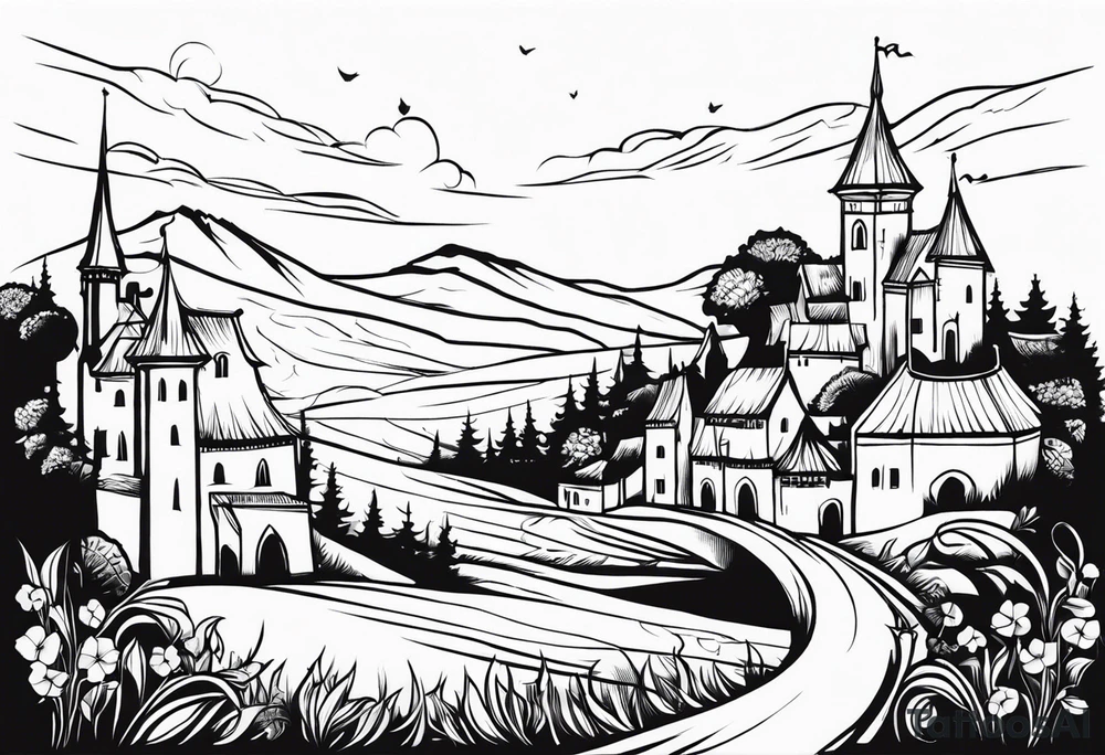 medieval tribal city 
floral  land  vignette tattoo idea