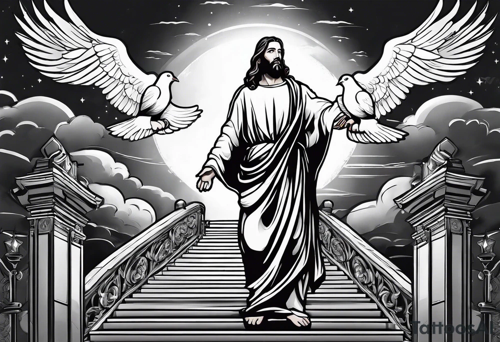 Jesus standing on a flight of stairs with clouds, sunshine and a dove in the background on the upper arm tattoo idea