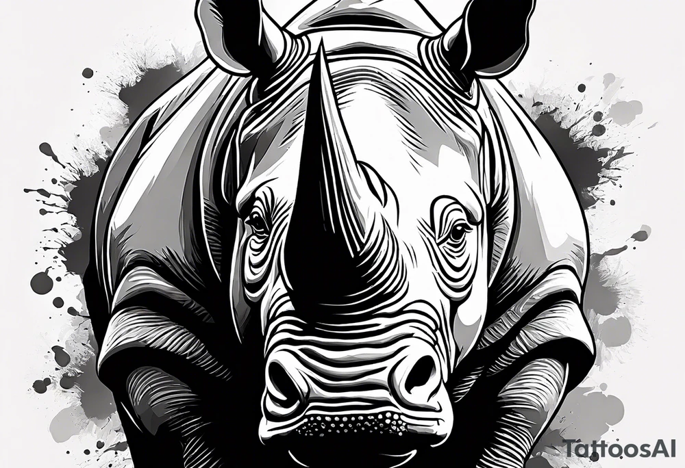A front-facing rhino head with a sharp elongated tusk that is angry and fierce. Ears pointed straight up and forward a bit. Eyes that pierce your soul. A snarling jowel tattoo idea