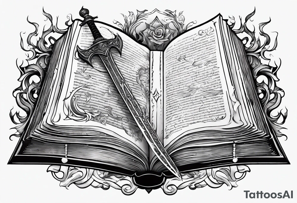 an empty open book with a sword through it, dragonwings and sparks surrounding the book. tattoo idea