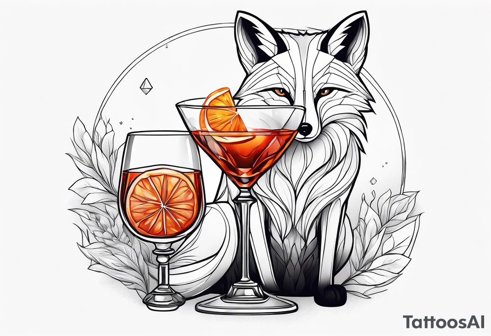 Adult fox holding a Negroni in a crystal glass with an orange peel looking forward tattoo idea