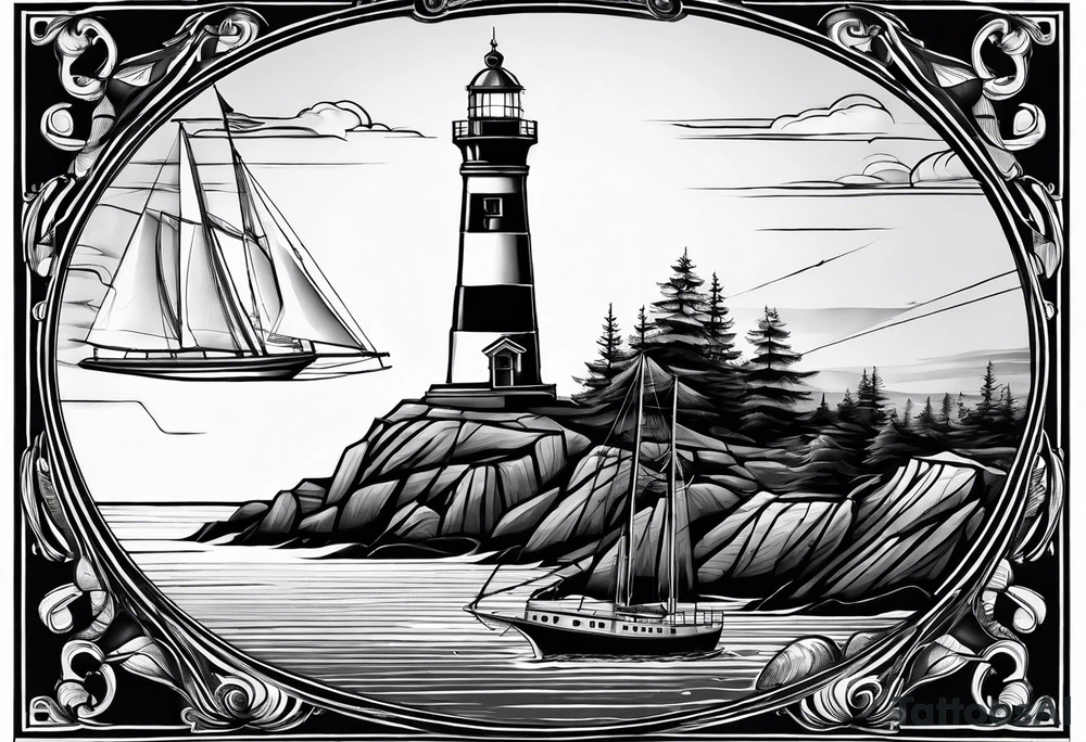 maritime lighthouse in a front view sailboat serving as a mast for a sail. tattoo idea