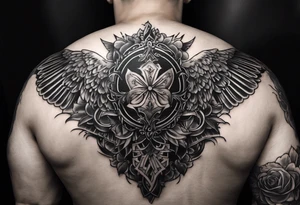 A basic tattoo that is placed on the upper back of a male. It should represent catholic religion, discipline, pain and the love to animals. tattoo idea
