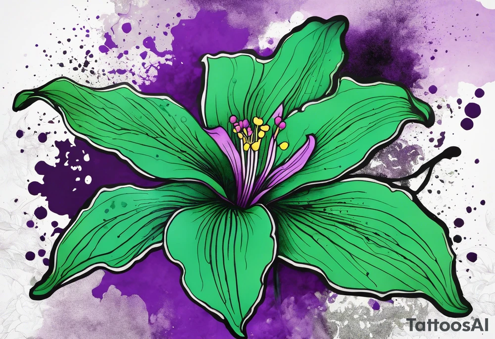 A mystical outline of a green and purple rio dipladenia flower and a green and purple watercolor splash in the background tattoo idea