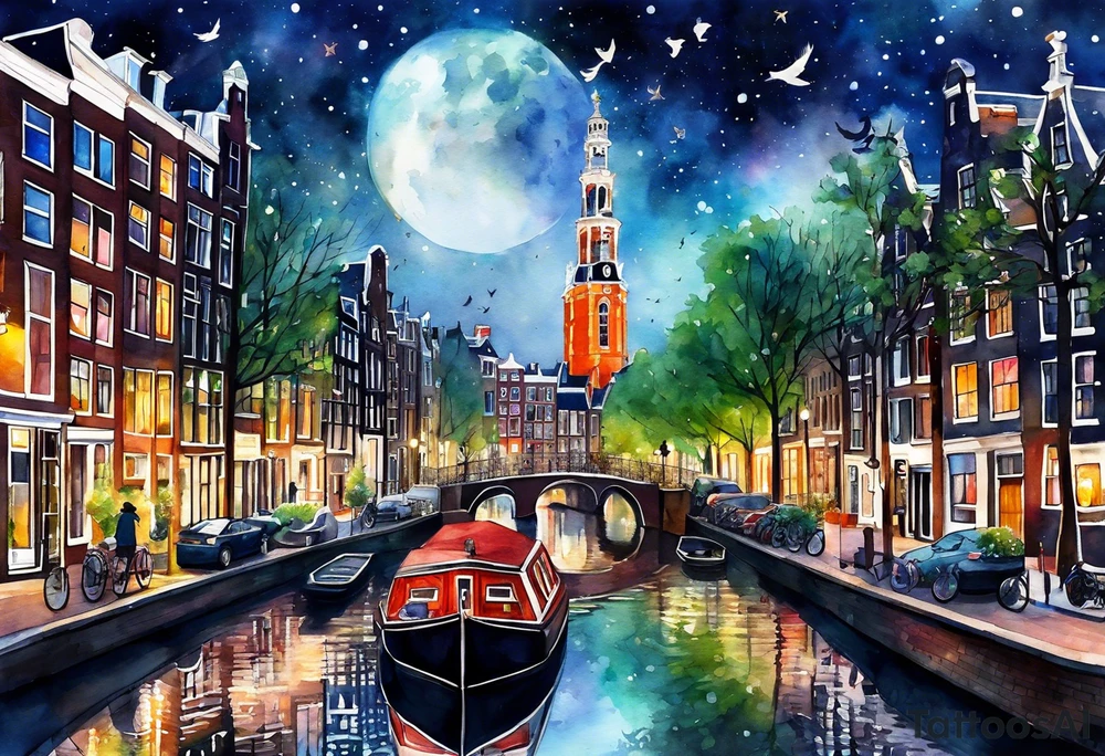 Stag, watercolour, birds, Amsterdam canal, Animals, amsterdam, pineapples, space, galaxy, canal tattoo idea