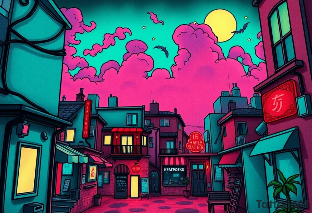 Tim Burton’s haunted pastel Tokyo apartment from the street view is littered in neon signs and dripping with muted reds, dusty pinks, and eerie green glow.purple and cyan smokey clouds swirl in the crescent moonlit sky thats sprinkled with stars tattoo idea tattoo idea