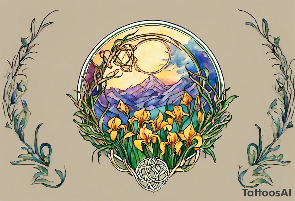 Create a small, colorful Vincent van Gogh Irises tattoo in the form of a crescent, with vines in Celtic knot style gracefully intertwining at a central point in the middle of the wreath. The intended placement is on the upper chest. The middle needs mountains. The overall design should be small in size while maintaining a delicate and artistic aesthetic. Pay attention to the graceful flow of the vines and the placement of the irises to achieve a refined and elegant look. tattoo idea