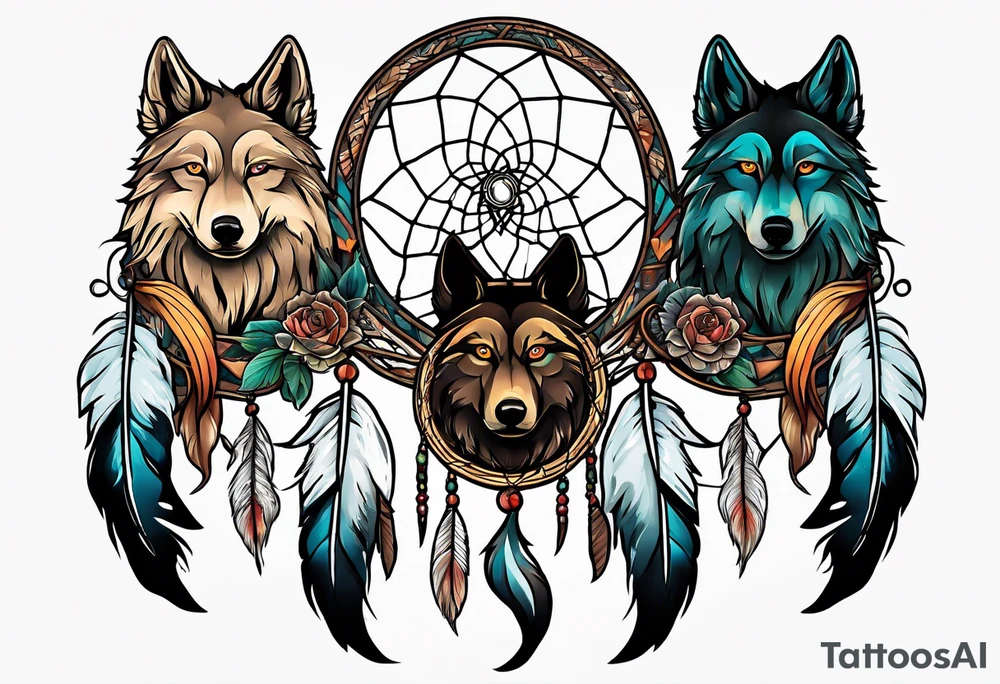 Dreamcatcher with seven wolves and a snake tattoo idea